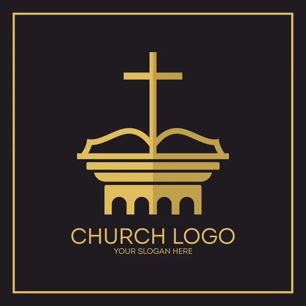Templom logó. Keresztény szimbólumokkal. Szent Biblia és Jézus kereszt. — Stock Vector