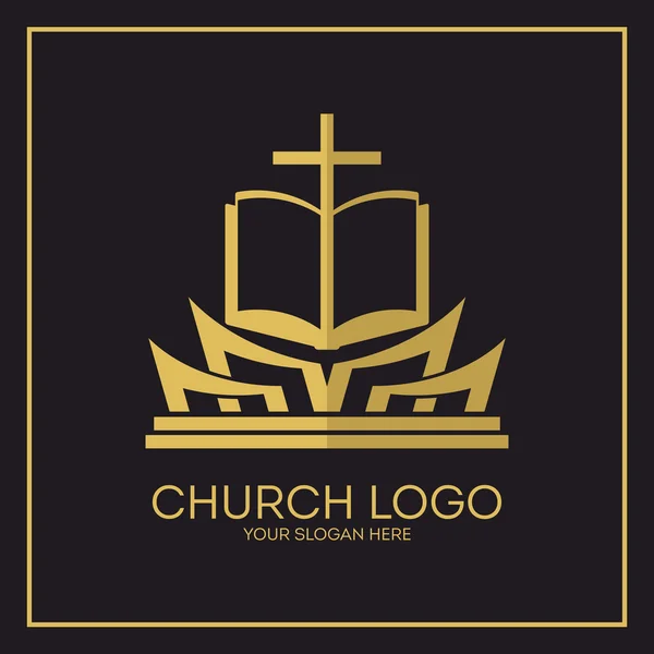 Logotipo da igreja. Símbolos cristãos. Bíblia Sagrada e cruz de Jesus . — Vetor de Stock