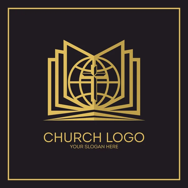 Logo van de kerk. Christelijke symbolen. Heilige Bijbel, globe en Jesus Kruis. — Stockvector