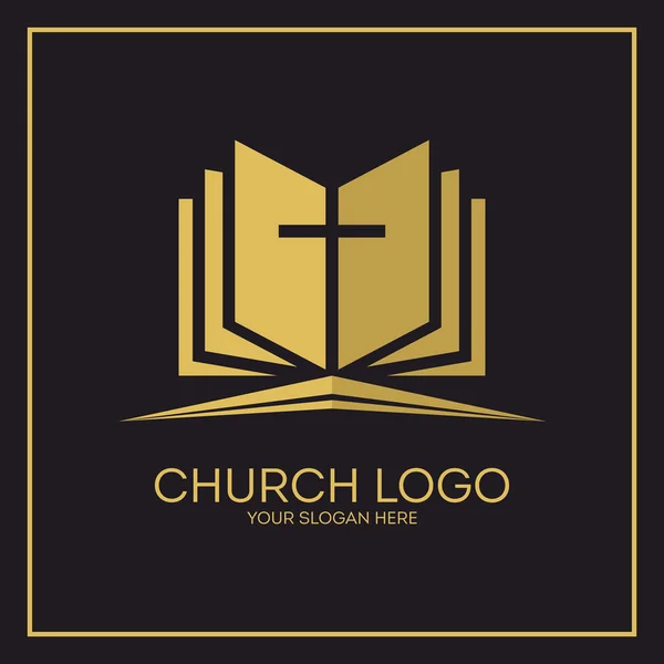 Logotipo da igreja. Símbolos cristãos. Bíblia Sagrada e cruz de Jesus . —  Vetores de Stock