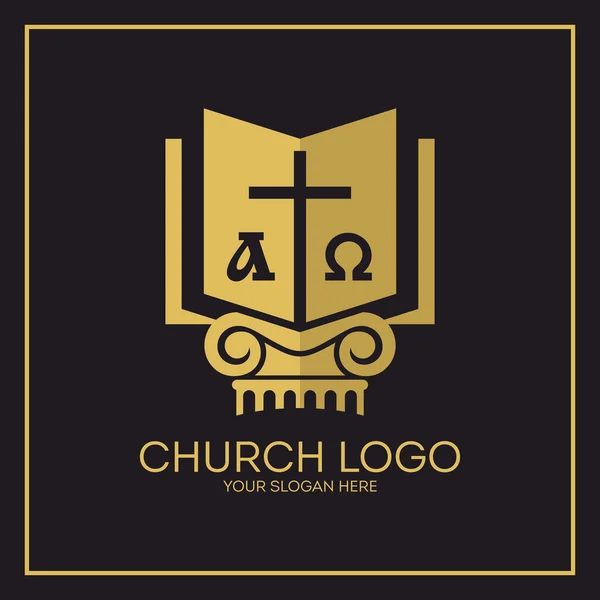 Logo della Chiesa. Simboli cristiani. Santa Bibbia, croce, alfa e omega . — Vettoriale Stock