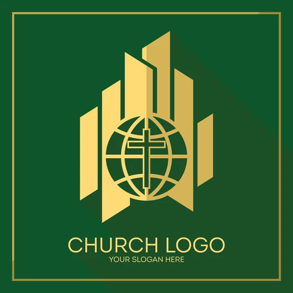 Logo della Chiesa. Simboli cristiani. Croce elegante di Gesù Cristo, globo ed elementi vettoriali grafici . — Vettoriale Stock