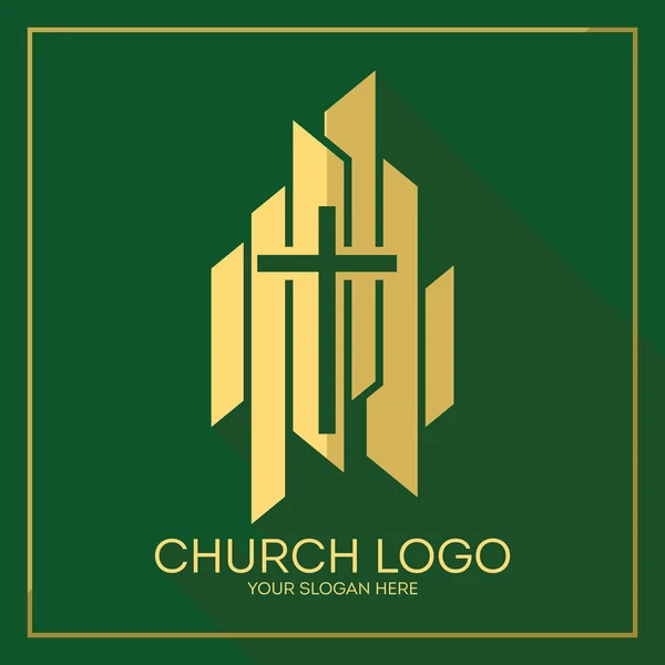 Logo van de kerk. Christelijke symbolen. Stijlvolle Kruis van Christus onder grafische vector-elementen. — Stockvector