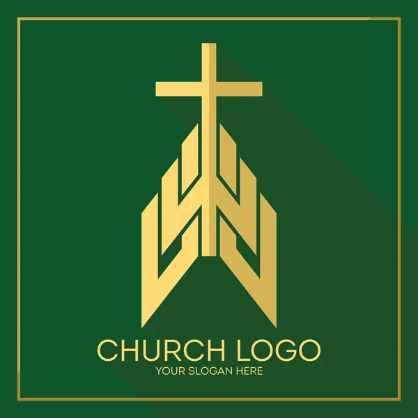 Logo della Chiesa. Simboli cristiani. Croce elegante di Gesù Cristo tra elementi vettoriali grafici . — Vettoriale Stock