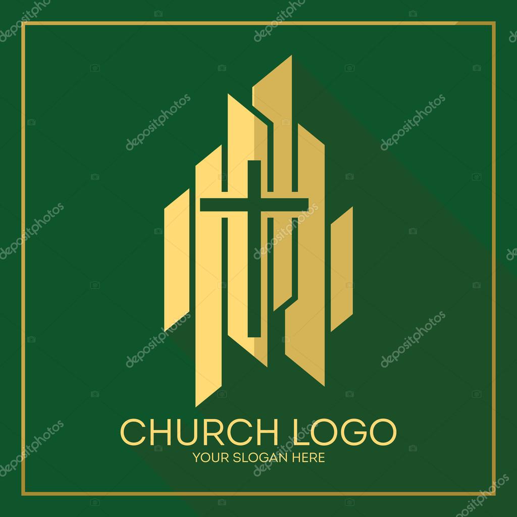 Church logo. Christian symbols. Stylish cross of Jesus Christ among graphic vector elements.