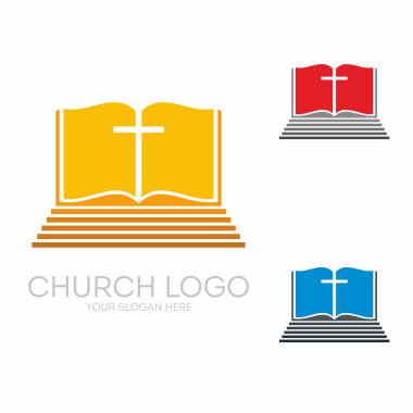 Kilise logosunu görmeniz gerekir. Hıristiyan sembolleri. Kutsal İncil ve İsa çapraz.