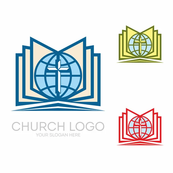 Logo van de kerk. Christelijke symbolen. Heilige Bijbel, globe en kruis. — Stockvector