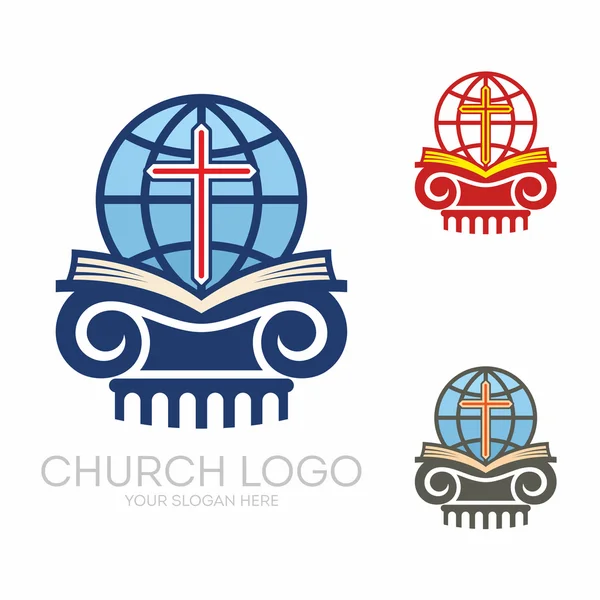 교회 로고입니다. 기독교 기호입니다. 성경, 글로브 및 크로스. — 스톡 벡터