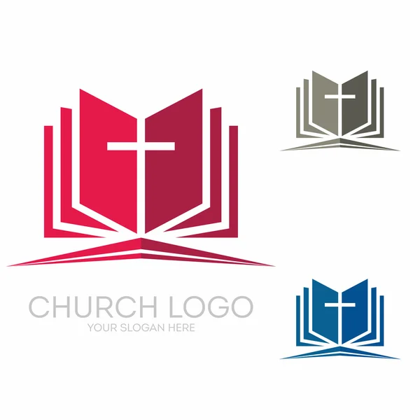 Logotipo da igreja. Símbolos cristãos. Bíblia Sagrada e cruz de Jesus . — Vetor de Stock