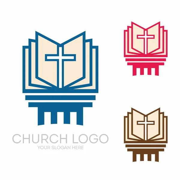 Logo van de kerk. Christelijke symbolen. Heilige Bijbel en Jesus Kruis. — Stockvector