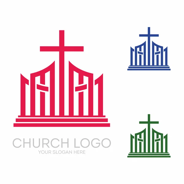 Kirchenlogo. Christliche Symbole. Stilvolles Jesuskreuz inmitten grafischer Vektorelemente. — Stockvektor