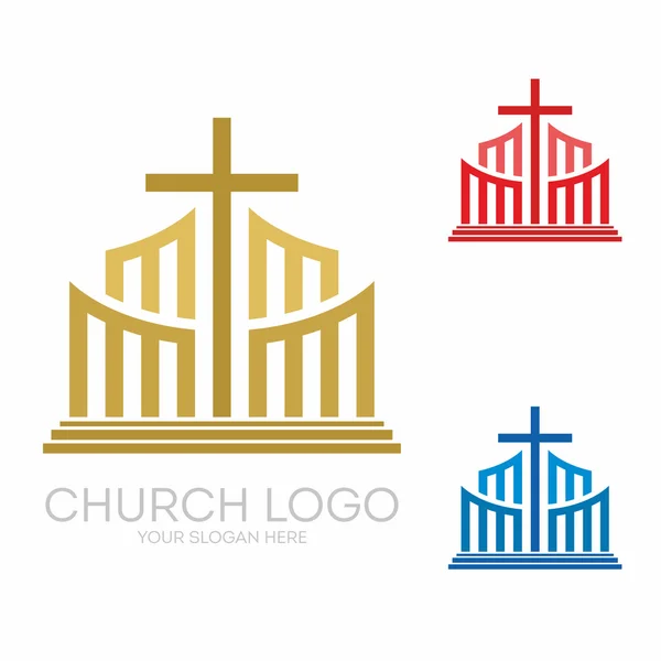 Kirchenlogo. Christliche Symbole. Stilvolles Jesuskreuz inmitten grafischer Vektorelemente. — Stockvektor