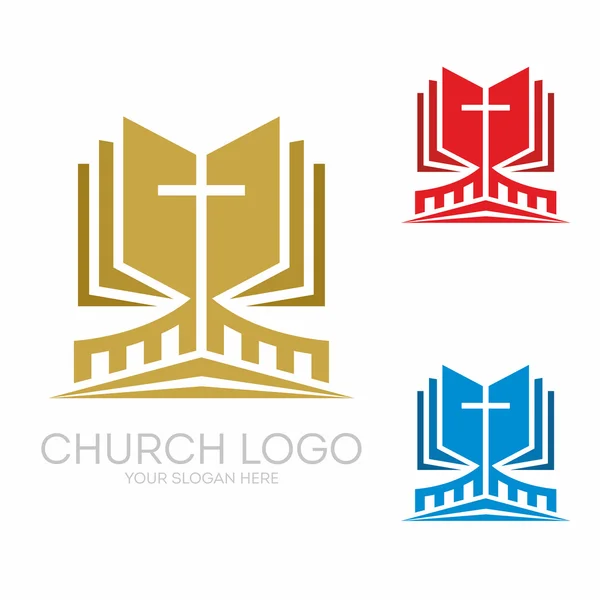 Logo van de kerk. Christelijke symbolen. Heilige Bijbel en Jesus Kruis. — Stockvector
