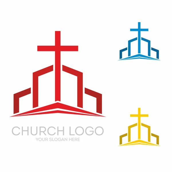 Kirchenlogo. Christliche Symbole. Stilvolles Jesuskreuz inmitten grafischer Vektorelemente. — Stockvektor