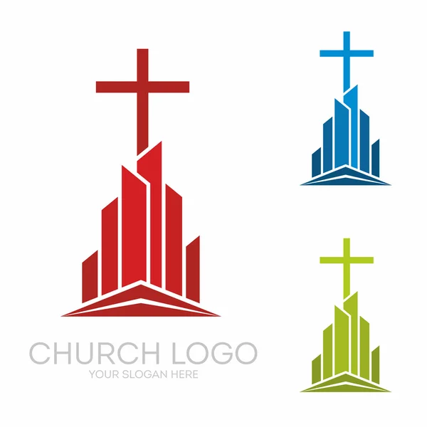 Church logo. Christian symbols. Stylish cross of Jesus Christ among graphic vector elements.