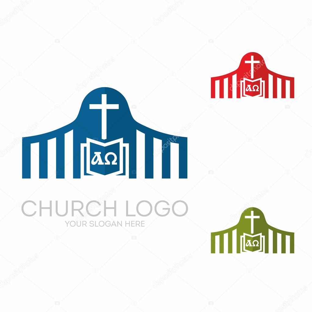 Church logo. Christian symbols. Holy bible and Jesus cross.