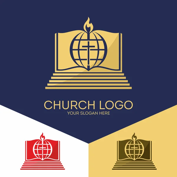 Kyrkans logotyp. Kristna symboler. Bibeln, Jesu kors och Globen, världen. — Stock vektor