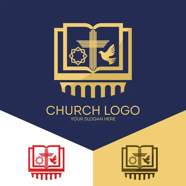 Logotipo da igreja. Símbolos cristãos. Bíblia, coroa de espinhos, a cruz de Jesus e do Espírito Santo (uma pomba ). — Vetor de Stock