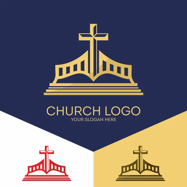 Kerk logo. Christelijke symbolen. De Bijbel en het gezag van Jezus ' Kruis. — Stockvector