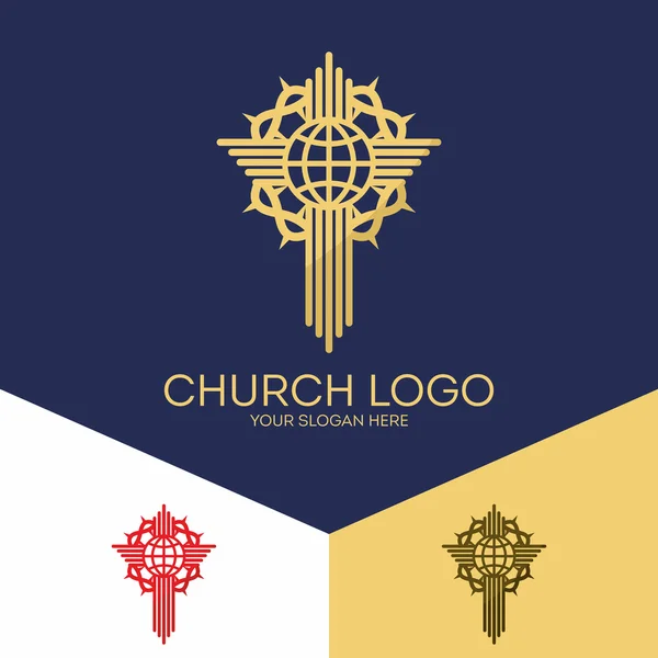 Logo de l'église. Des symboles chrétiens. La croix de Jésus, globe terrestre et couronne d'épines . — Image vectorielle