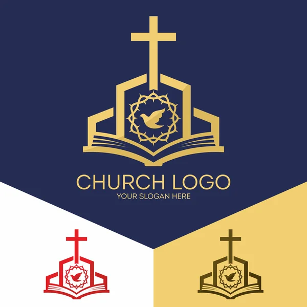 Logotipo da igreja. Símbolos cristãos. A Bíblia, a cruz de Jesus, o Espírito Santo e uma coroa de espinhos . —  Vetores de Stock