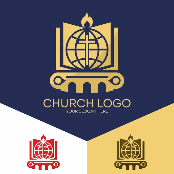 Kyrkans logotyp. Kristna symboler. Bibeln, Jesu kors, frälsningen av världen från synd. — Stock vektor