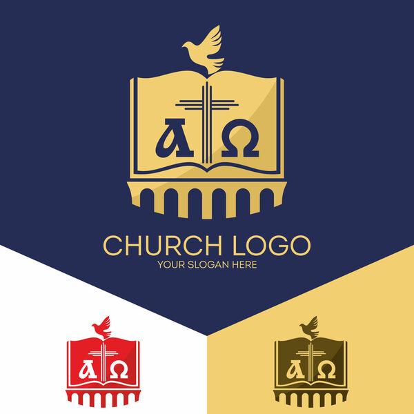 Логотип церкви. Христианские. Библия, крест Иисуса, Творца земли, альфа и омега
.