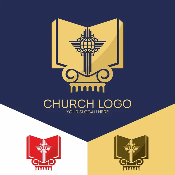 Logo de l'église. Des symboles chrétiens. La Bible, la croix de Jésus, le salut du monde . — Image vectorielle