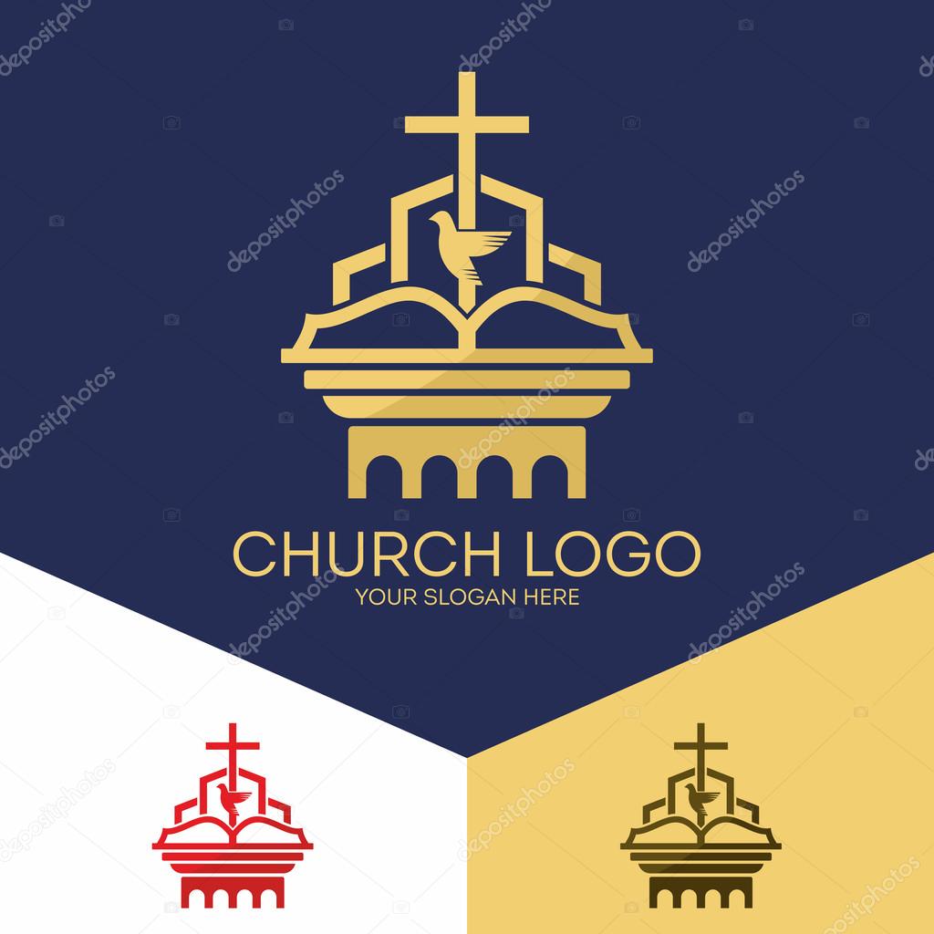 Church logo. Christian symbols. The Bible, the cross of Jesus, the Holy Spirit.