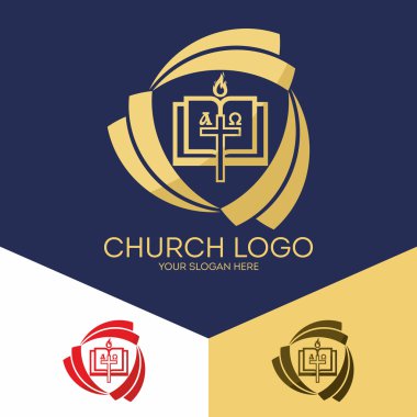 Church logo. Christian symbols. The Bible, the cross of Jesus, the Creator of the earth, alpha and omega.