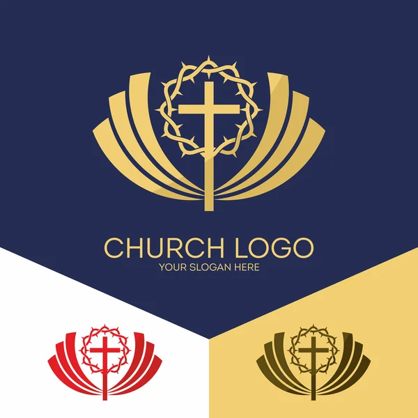 Kyrkans logotyp. Kristna symboler. Jesu kors och törnekrona. — Stock vektor
