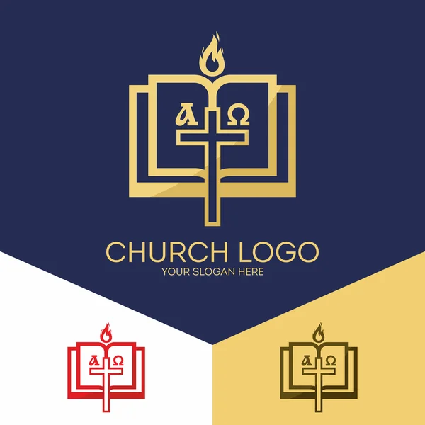 Kyrkans logotyp. Kristna symboler. Bibeln, Jesu kors, jordens Skapare, alfa och Omega. — Stock vektor