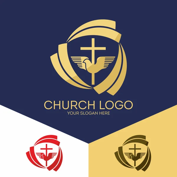 Kyrkans logotyp. Kristna symboler. Jesu Kristi kors och den Helige Andes duva. — Stock vektor