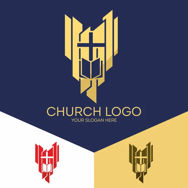 Church logo. Christian symbols. The cross of Jesus Christ, the Holy Bible. — Stock Vector