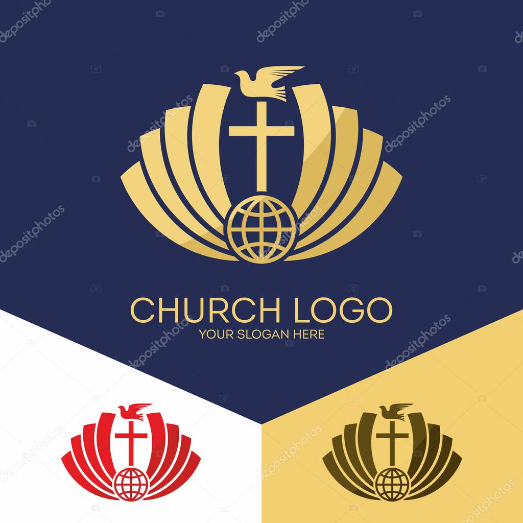 Church logo. Christian symbols. The cross of Jesus Christ and the dove of the Holy Spirit, globe.