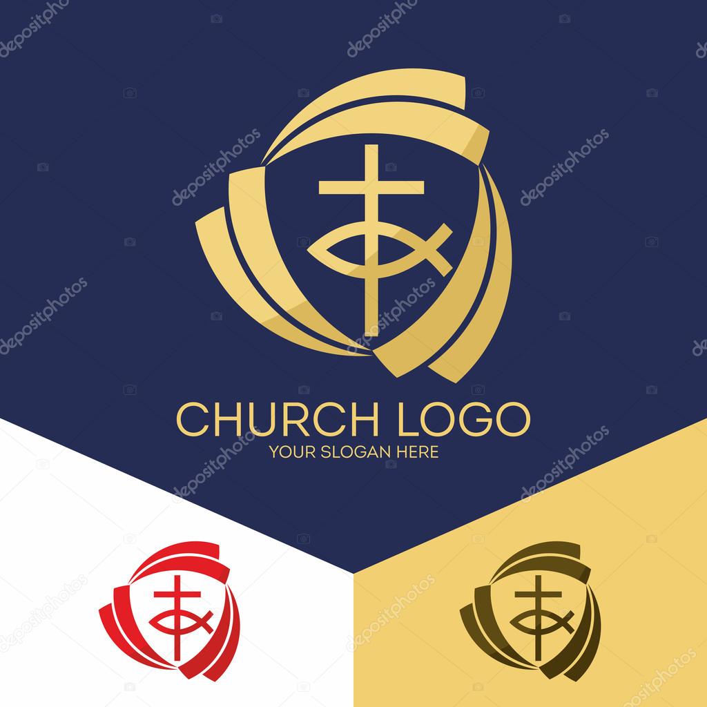 Church logo. Christian symbols. Trinity, the cross and Jesus fish.
