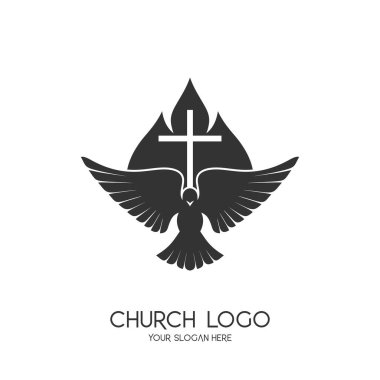 Kilise logosu. Hristiyan sembolleri. İsa 'nın haçı ve Kutsal Ruh' un sembolü bir güvercin ve alevdir..