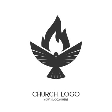 Kilise logosu. Hristiyan sembolleri. Kutsal Ruh 'un sembolü bir güvercin ve alevdir..