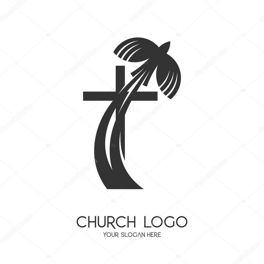 Church logo. Christian symbols. The Cross of Jesus Christ and the Symbol of the Holy Spirit are a dove and a flame.
