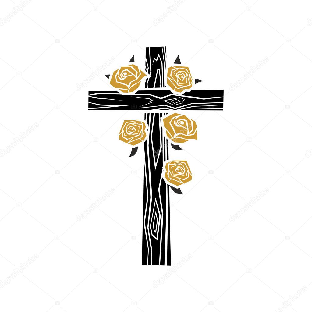 Biblical illustration. Christian art. Wooden cross of Jesus Christ decorated with roses.