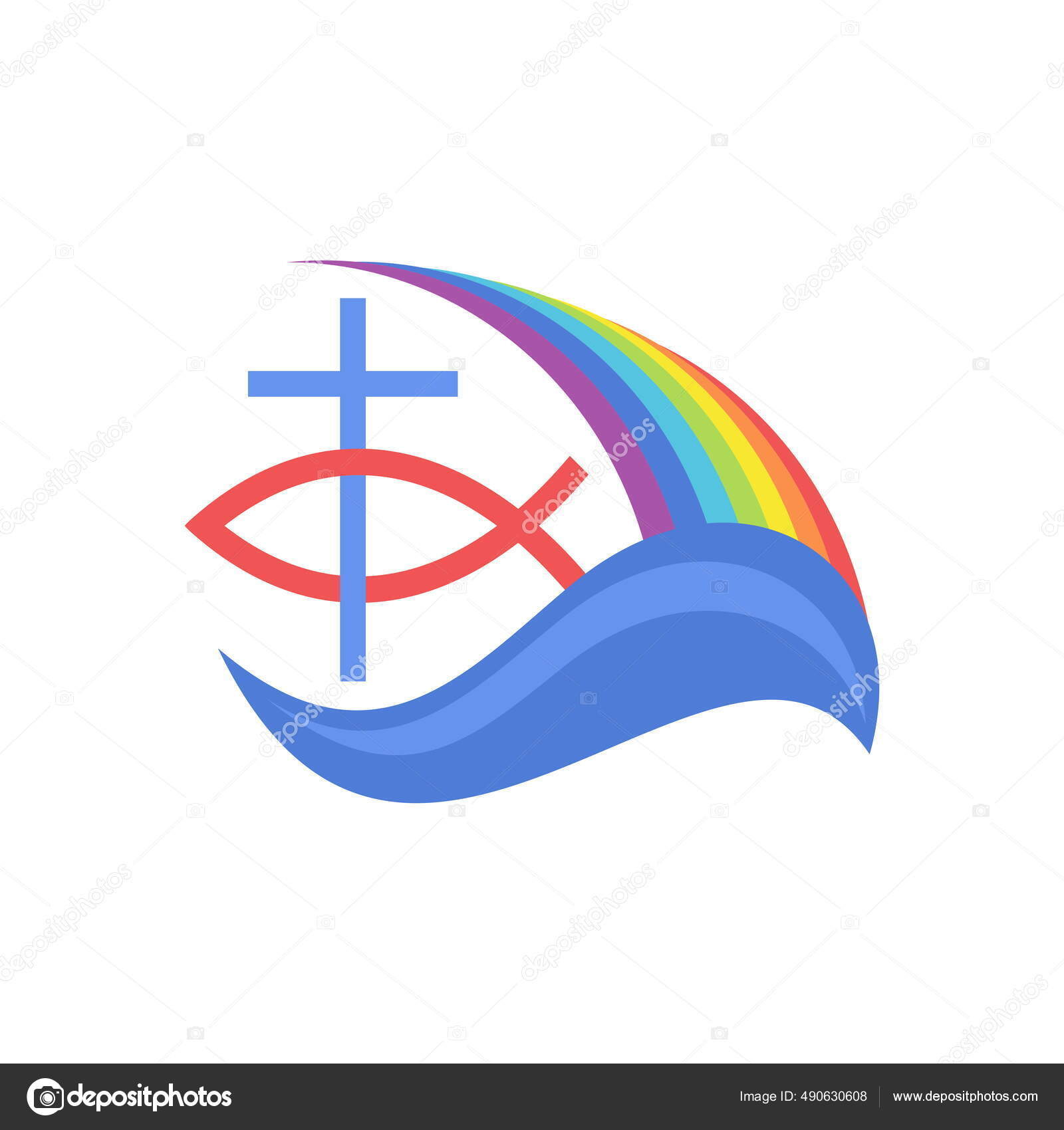 Ilustração Bíblica Cruz Jesus Peixe Arco Íris Vetor de ©biblebox 490630608, image size:1600x1700