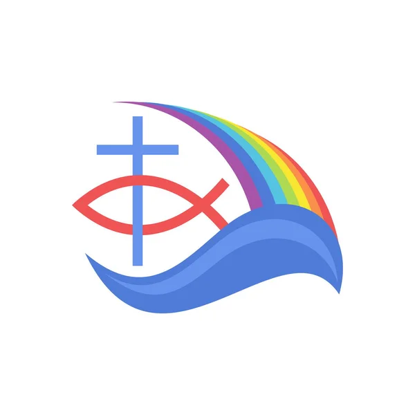 Biblische Illustration Jesuskreuz Fische Und Regenbogen — Stockvektor