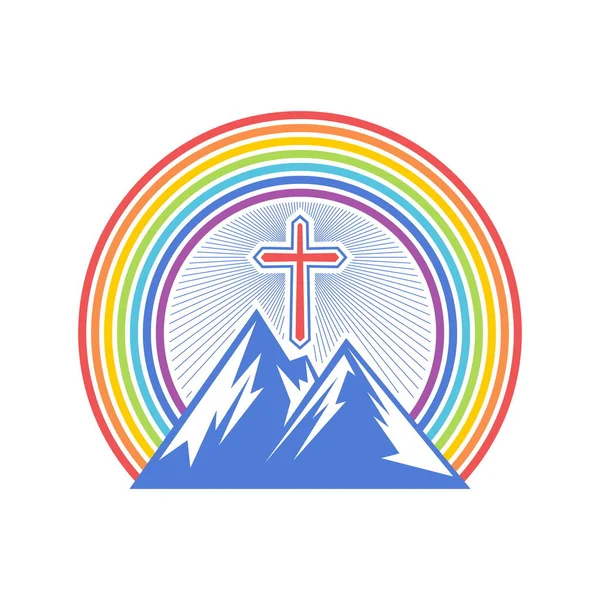 Biblische Illustration Berg Und Kreuz Auf Dem Hintergrund Des Regenbogens — Stockvektor