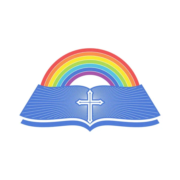 Biblische Illustration Eine Offene Bibel Und Ein Regenbogen Des Bundes — Stockvektor