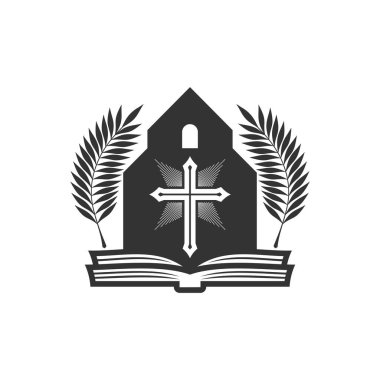 Christian illustration. Church logo. The glory of Christ in the church, palm branches and an open bible.