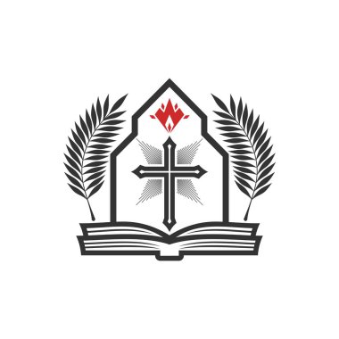 Christian illustration. Church logo. The glory of Christ in the church, palm branches and an open bible.