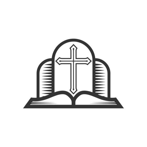 Keresztény Illusztráció Templomi Logó Jézus Krisztus Keresztje Nyitott Biblia — Stock Vector