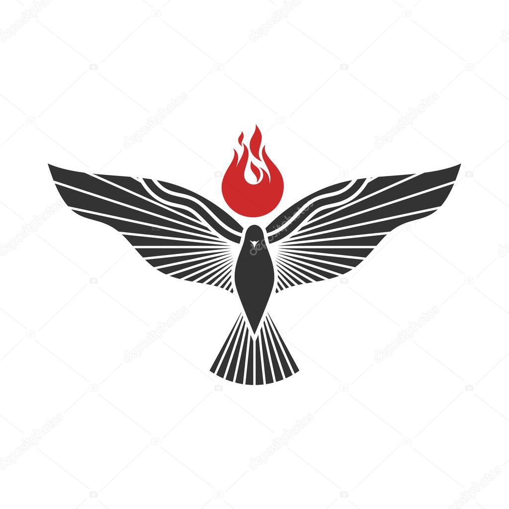 Christian illustration. Church logo. The dove and the flame are symbols of the Holy Spirit of God.