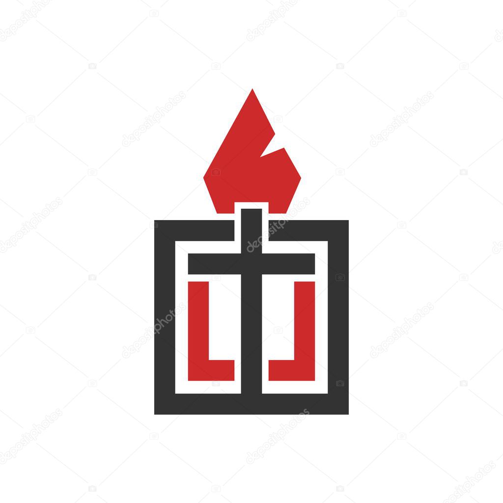 Christian illustration. Church logo. The cross of the Lord Jesus Christ, an open Bible and a flame of fire are a symbol of the Holy Spirit.