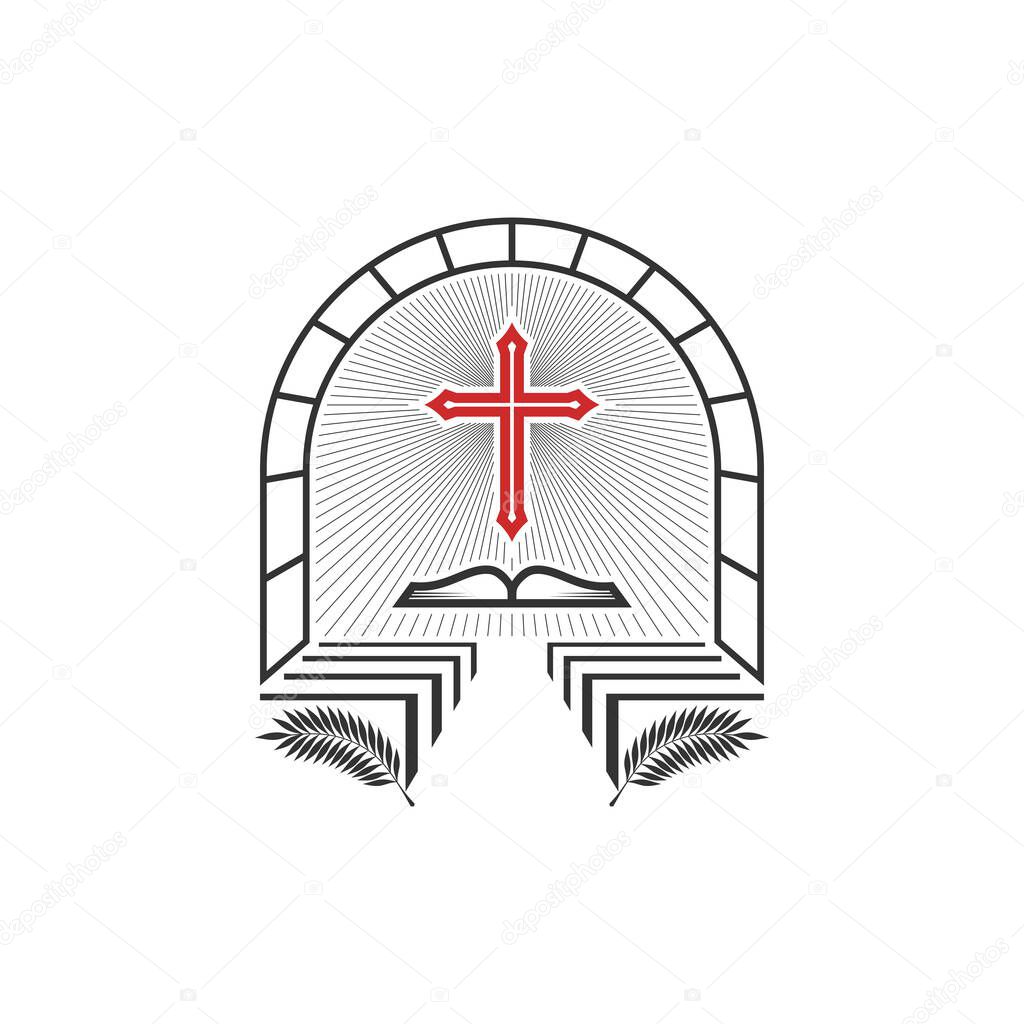 Christian illustration. Church logo. The glory of Christ in the church, palm branches and an open bible.
